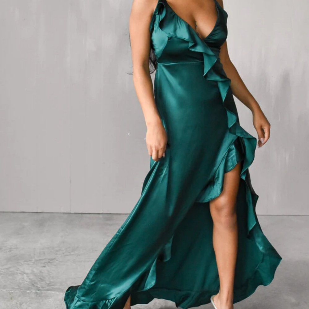 Emerald Green Riffle Satin Maxi Dress with Slit